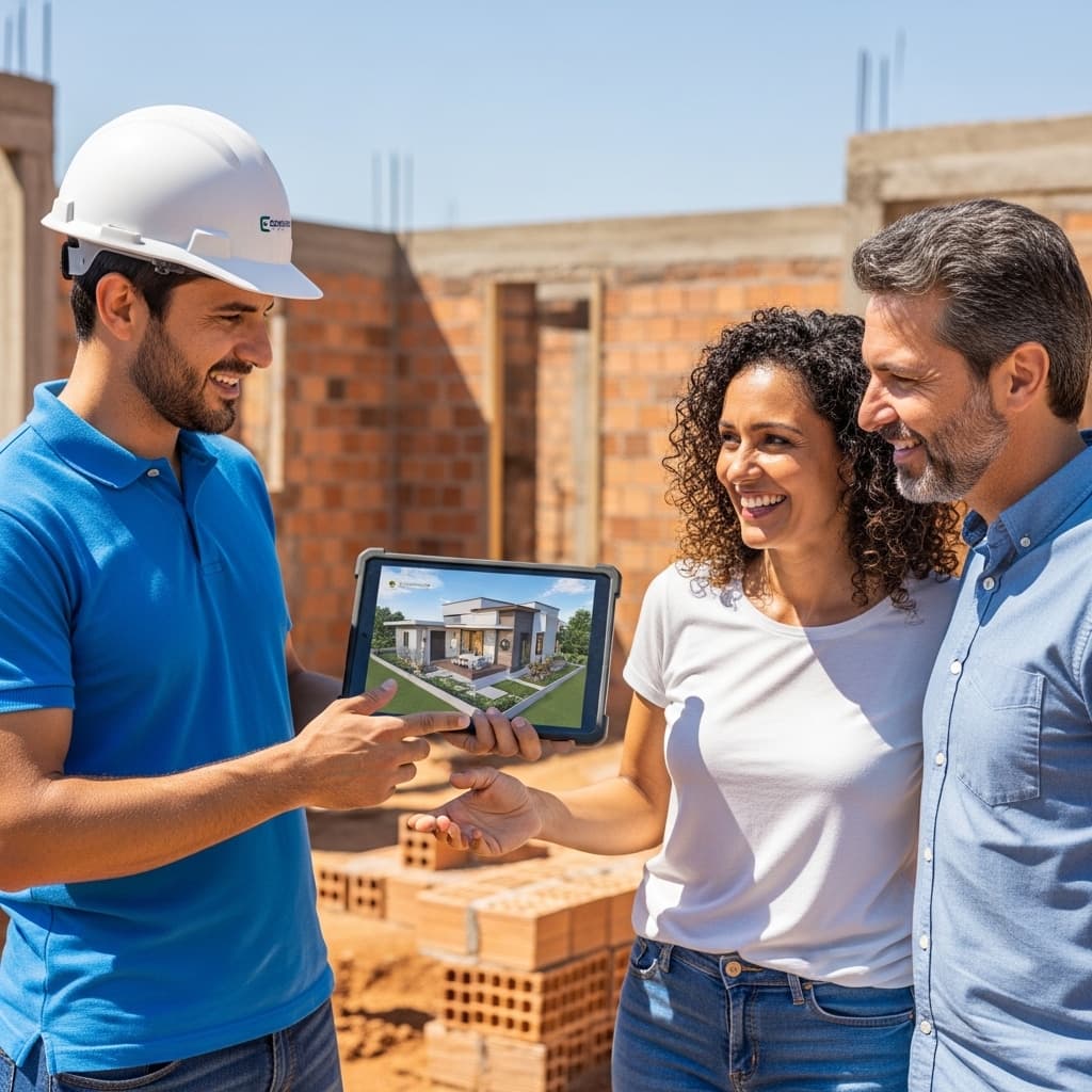 Clientes avaliando planta residencial em um atendimento consultivo