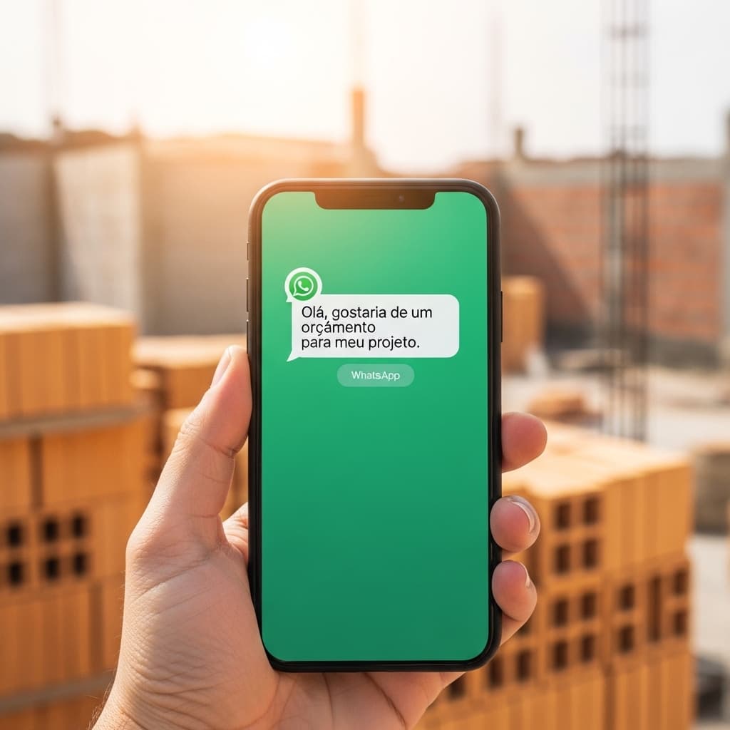 Profissional usando o celular no escritório para responder leads de obra